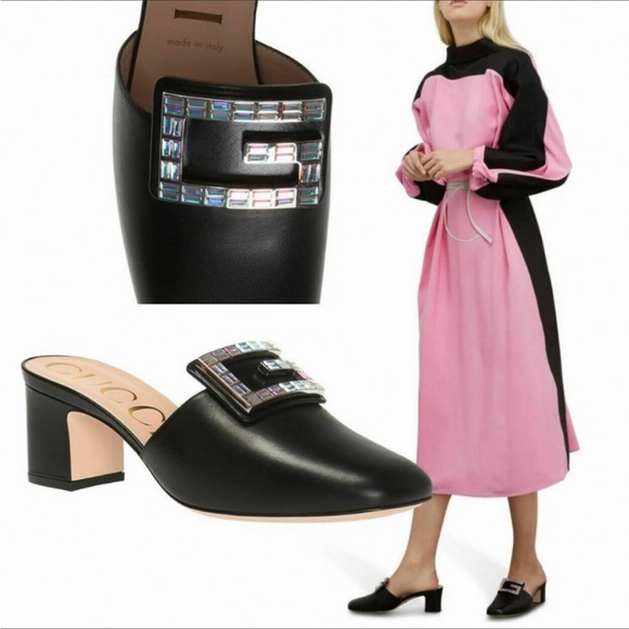 GUCCI CRYSTAL G MULES IN BLACK LEATHER WITH 2” WRAPPED BLOCK HEEL SIZE US 8 1/2 - Picture 2 of 8